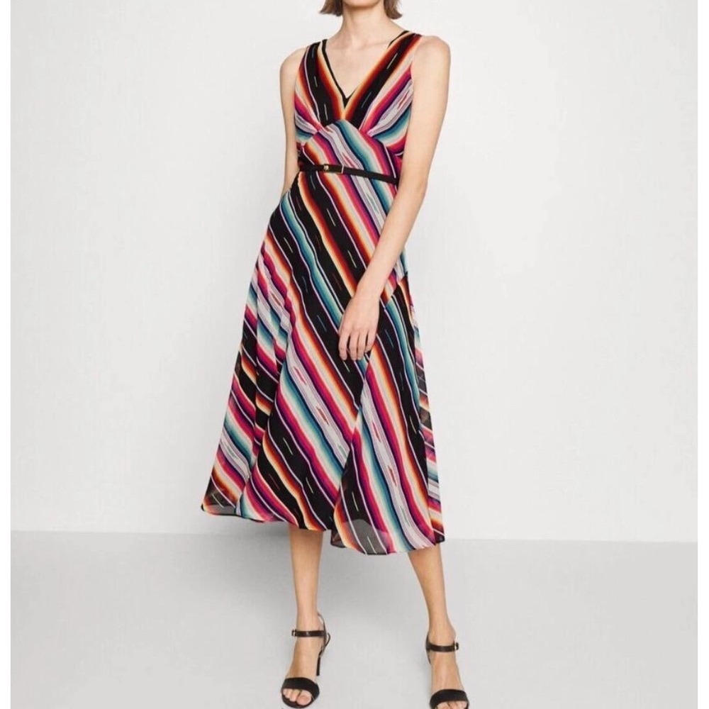 Lauren Ralph Lauren Womens Striped Crinkle Georgette Dress Midi Multicolor Sz 8‎